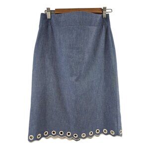 J.Crew 100% Cotton Chambray Scalloped Hem Grommet Bottom Pencil Skirt 8